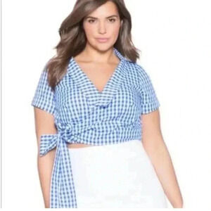 Eloquii cobalt blue and white gingham crossover wrap front cropped top sz 14